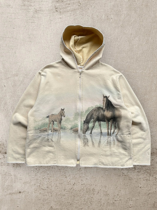 90S HORSES WRAP AROUND PRINT ZIP UP HOODIE - LARGE